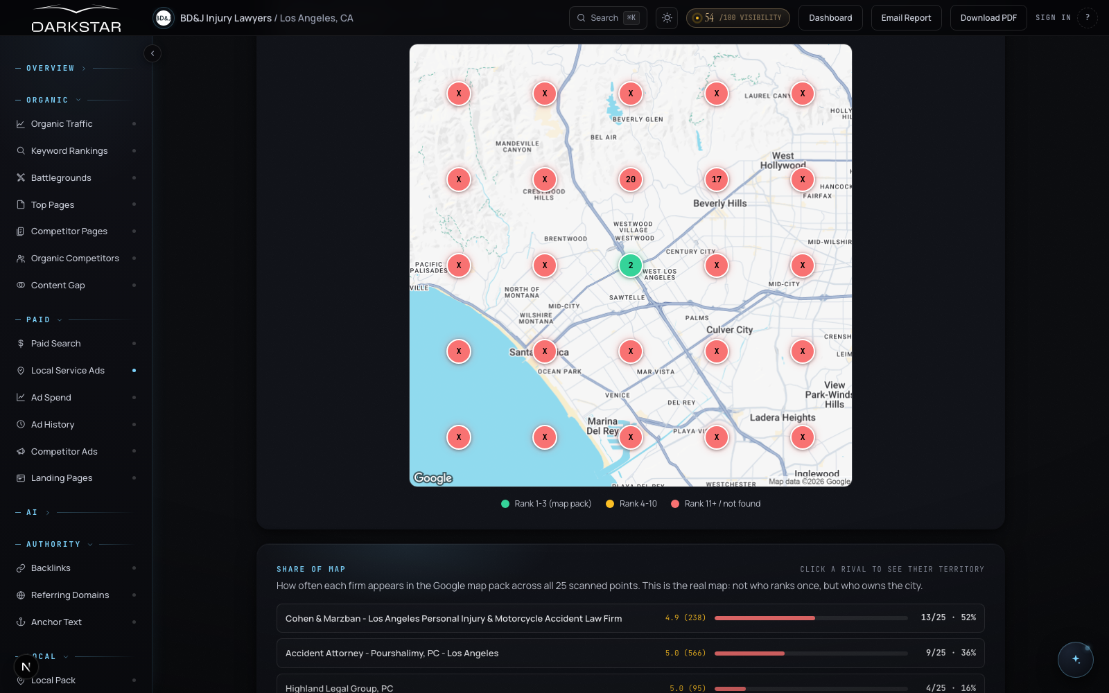 Darkstar rank heatmap showing a 25-point geographic rank grid over Los Angeles with a Share of Map leaderboard